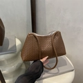 Coffee brown hand-woven leather tote bag with classic weave pattern and slim handles - Brown