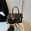 Elegant black tweed and leather square bag with silk scarf handle and adjustable strap - Black