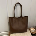 Minimalist dark brown leather tote bag with vertical stitching for women's daily commute - Brown