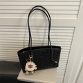 Large black leopard print tote bag with plush sheep pendant and dual shoulder straps - With Pendant / Black
