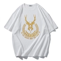Loose white T-shirt featuring a golden elk print and artistic lettering on the chest - M / Deer Head Style - White (T6180)