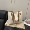 Minimalist beige women's tote bag with brown straps and golden fashion lettering - White