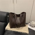 Minimalist large capacity dark brown leather tote bag with shoulder strap and gold logo - Brown