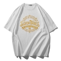White oversized t-shirt with gold SEVEN THREE graphic print and classic round neck - M / Retro Circle Graphic - White (T6181)