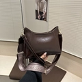Minimalist crossbody bag in dark coffee PU leather with wide jacquard shoulder strap - Dark Brown