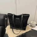 Black vintage tote bag with contrast white stitching and stylish large capacity - Black