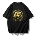 T-shirt nera oversize con stampa testa di tigre dorata e scritte stile street - M / Stile Testa di Tigre - Nero (T6182)