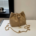 Khaki corduroy drawstring bucket bag with gold chain strap and pearl charms - Khaki
