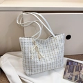 Sac fourre-tout en tweed beige avec fil doré et breloque nœud en perles femme - Avec Pendentif Noeud en Perle (Blanc) / Blanc