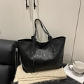 Schicke schwarze gewebte Leder-Shopper-Tasche für Damen mit großem Fassungsvermögen - Schwarz