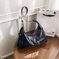 Black glossy patent leather hobo bag with gold hardware and side adjustable buckle - Black