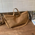Brown suede tote bag with leather trim and adjustable shoulder strap for autumn style - Khaki