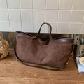 Vintage brown tote bag in matte suede texture with dual handles and leather trim - Brown