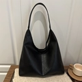 Minimalist black large capacity tote bag in glossy textured PU leather with wide strap - Black