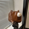 Brown vintage square handbag in smooth leather featuring a white fluffy pompom charm - With Pendant / Brown