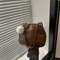 Vintage brown PU leather tote bag with white fluffy pompom keychain accessory - With Pendant / Brown