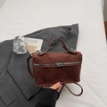 Brown suede box-style crossbody bag with heart-shaped zipper and leather top handle - Coffee