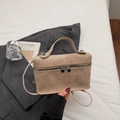 Beige faux suede crossbody box bag with heart-shaped zipper pulls and top handle - Khaki