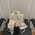 Chic woven top handle bag with crossbody strap and matching mini coin purse in beige - White