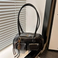 Minimalist black faux leather shoulder bag with chic tennis racket charm detail - With Pendant / Black