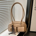 Minimalist beige Boston style shoulder bag with twin handles and small front pockets - With Pendant / Khaki