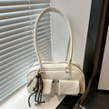 Minimalist white leather rectangular shoulder bag with front pockets and woven strap - With Pendant / White