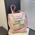 Bolso tote multicolor de lona con múltiples bolsillos y correa rosa ajustable - Rosa