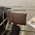 Brown rectangular clutch bag with all-over M monogram print and gold metal wrist ring - Style M Coffee