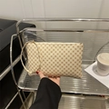 Classic beige and brown patterned rectangular clutch bag with wrist strap and gold zipper - Clover White