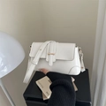 Minimalist beige PU leather shoulder bag with gold metal buckle and adjustable strap - White