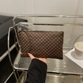 Women's vintage brown geometric print clutch bag with wrist strap and gold zipper - Clover Coffee