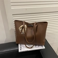 Brown large capacity tote bag with matte finish and silk scarf decoration - Brown