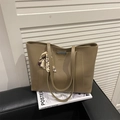 Chic khaki large tote bag in soft synthetic leather with artistic printed silk scarf detail - Khaki