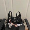 Chic black pleated faux leather hobo bag with gold zipper and cartoon charm - Black