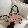 Pink and brown cat-shaped crossbody bag with soft suede texture and leather handle - Pink
