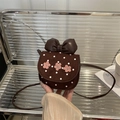 Brown mini crossbody bag with a large bow, white polka dots and pink flower accents - Brown