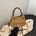 Khaki cat-shaped crossbody bag with brown embroidery and handles in a matte finish - Brown