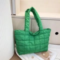 Bright grass green quilted nylon tote bag with square pattern and dual handles - Green