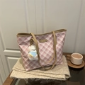 Pink and white checkered tote bag with brown leather straps and plush puppy charm - With Pendant / Khaki