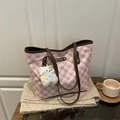 Pink and white checkered tote bag with brown leather handles and a plush bear charm - With Pendant / Brown