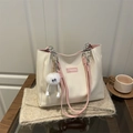 Minimalist cream and pink tote bag on knitted scarf with fashion tag and plush charm - With Pendant / Pink