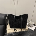 Grande borsa tote nera con stampa leopardata e scritta FASHION in morbido camoscio - Nero