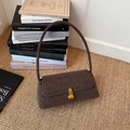 Vintage dark brown baguette shoulder bag with leather texture and gold buckle - Brown