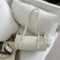 Minimalist off-white baguette bag with dual straps and elegant golden metal buckles - White