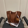 Vintage brown leather tote bag with teddy bear charm and braided rope detail - With Pendant / Dark Brown