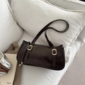 Chocolate brown glossy leather shoulder underarm bag with gold decorative buckles - Dark Brown
