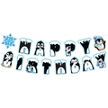 Banderole joyeux anniversaire pingouin d'hiver avec lettres enneigées et graphismes - Bannière de lettres