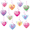 Vue détaillée de spirales suspendues en cœur coloré avec des phrases courtes romantiques - Lot de 12 cartes double face et 12 spirales