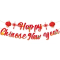 Glittery Happy Chinese New Year banner with festive red lanterns and lucky charms - English Letter Banner