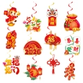 Set of 12 Chinese New Year 2026 hanging swirls with golden zodiac horse and lucky charms - 12 Double Sided Cards and 12 Spiral Swirls Set